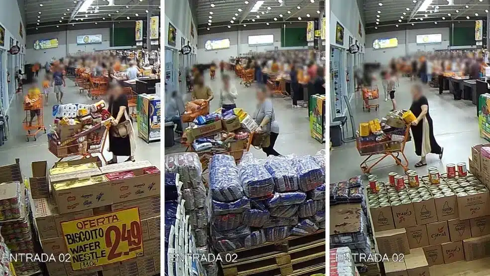Saindo com carrinho cheio sem pagar: vídeos mostram que mulher furtou mercado 3 vezes antes de ser flagrada com R$ 10 mil em itens